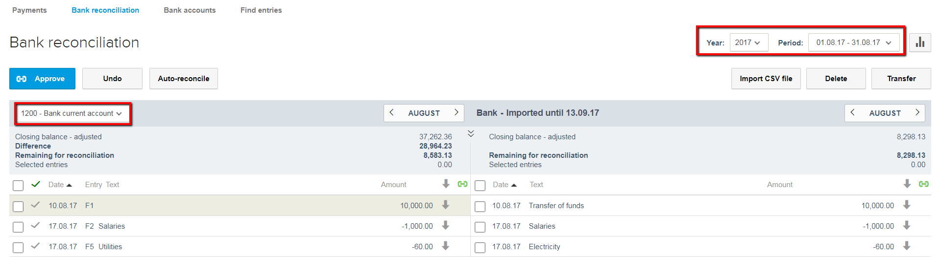 bank reconciliation - choose date and bank account in reviso
