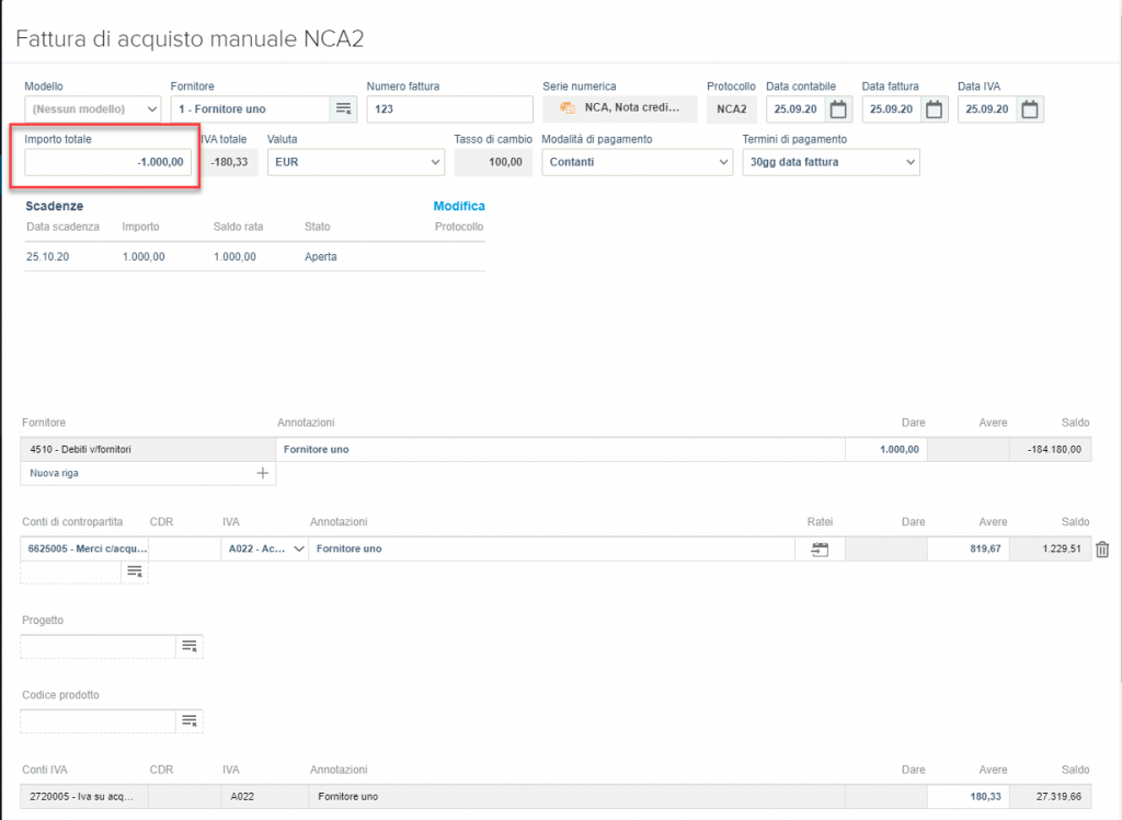 Creare una nota di credito di